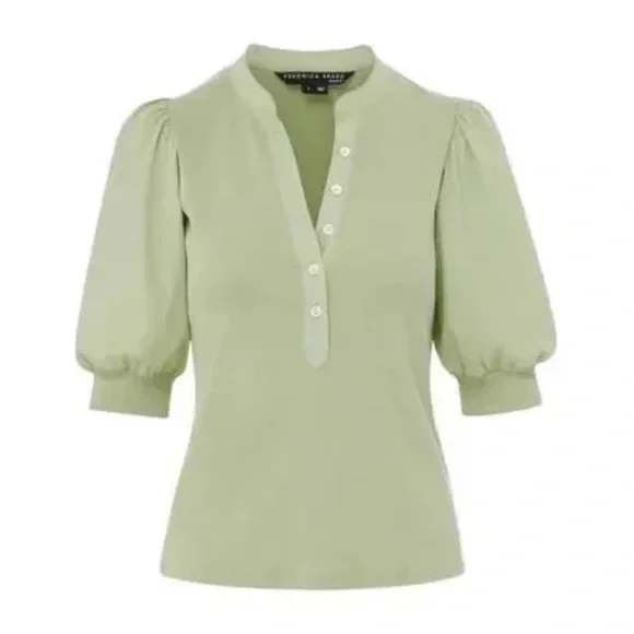 Veronica Beard Pale Green Puff Sleeve Henley Top - Picture 3 of 16
